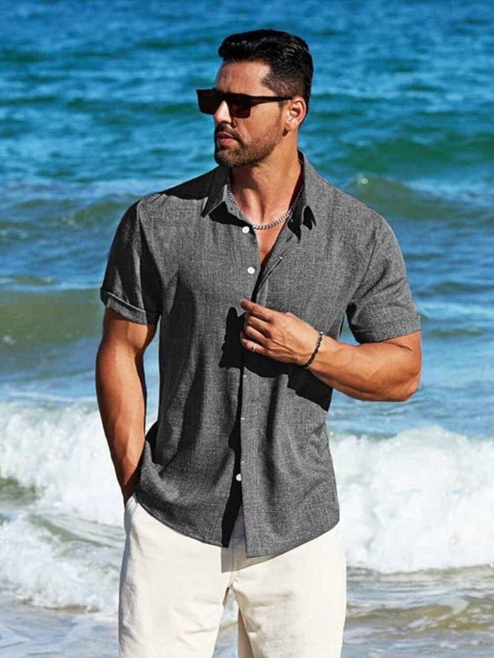 Men's Linen Short Sleeve Button Down Shirt – Lightweight Breathable Summer Busin